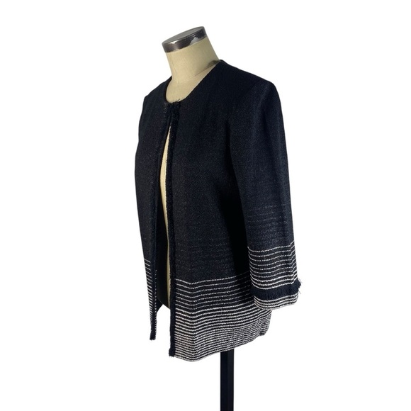 MING WANG Clasp Front Fringe Trim Cardigan Sweater Jacket Medium Black Silver - Picture 2 of 8